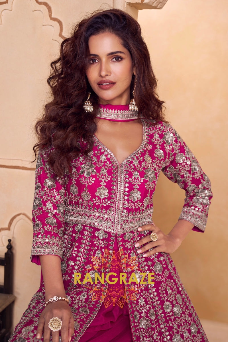 Rani Pink Premium Chinon Embroidered Designer Suit Set