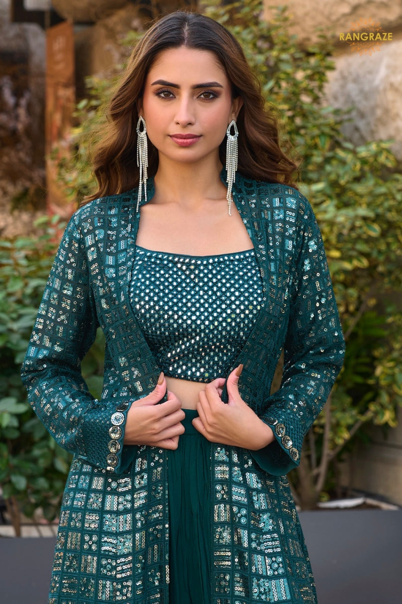 Teal Green Sequined Georgette Palazzo Suit Set