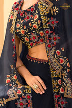 Navy Blue Floral Embroidered Shrug with Blouse and Palazzo Suit Set