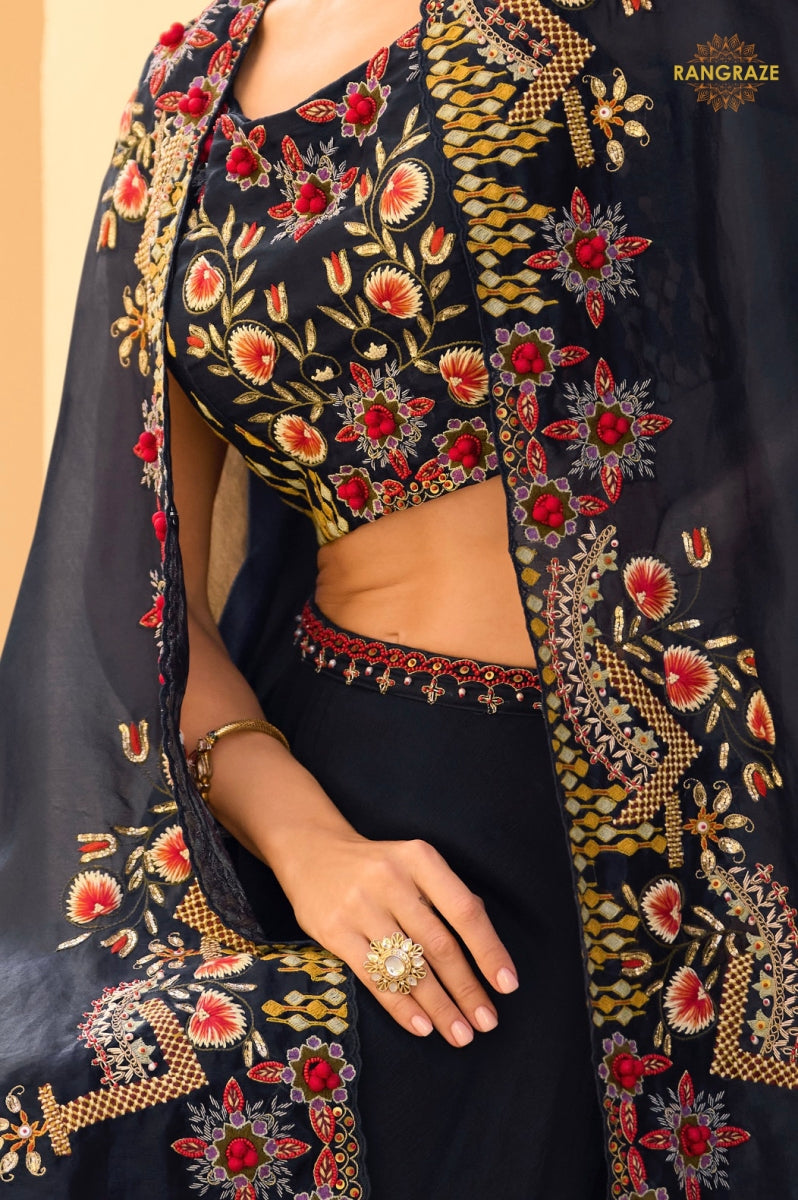 Navy Blue Floral Embroidered Shrug with Blouse and Palazzo Suit Set