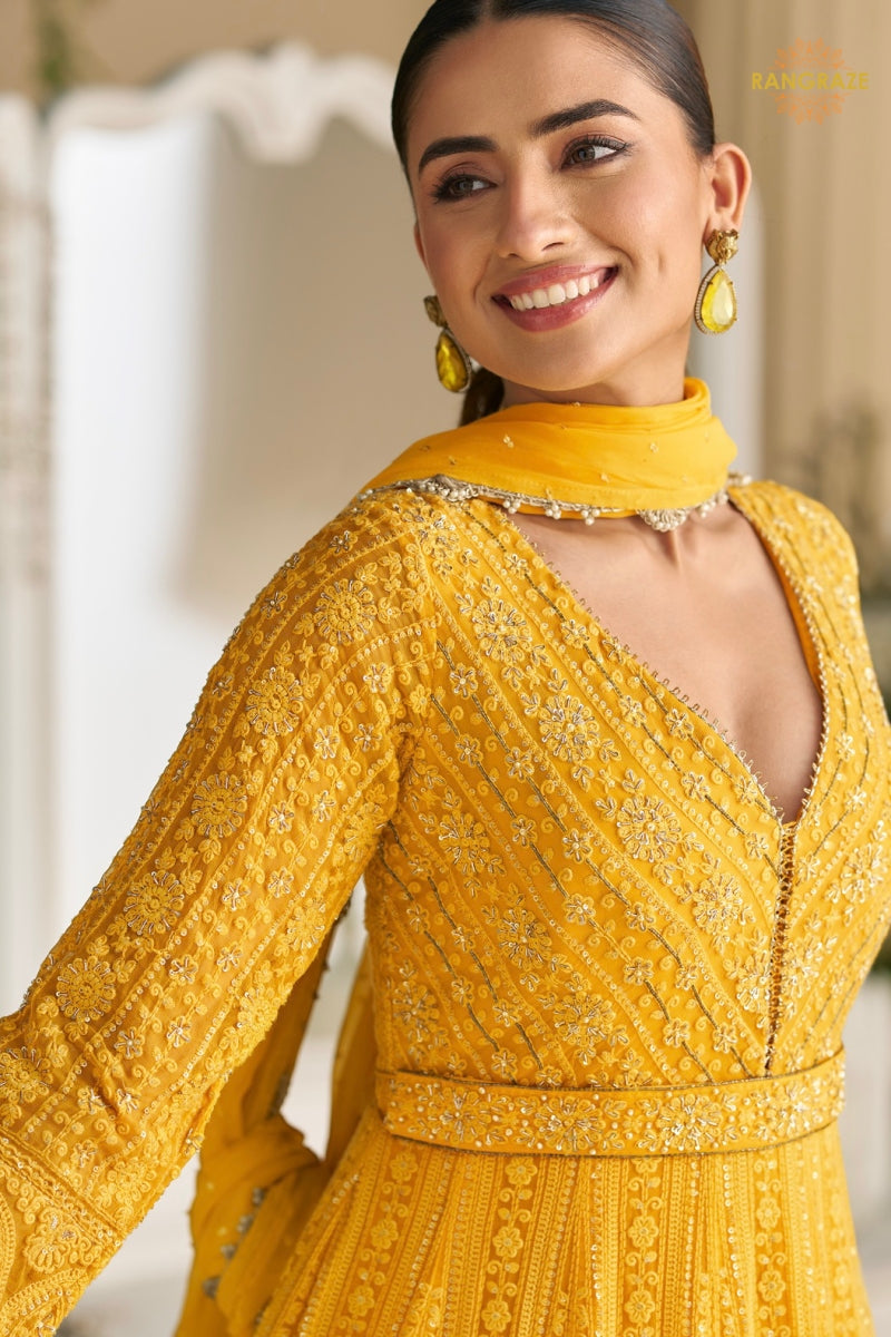 Mustard Yellow Premium Georgette Anarkali Suit Set