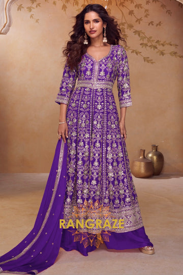 Royal Purple Premium Chinon Embroidered Designer Suit Set