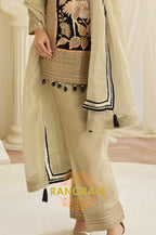 Beige & Black Natural Crepe Silk Embroidered Suit Set