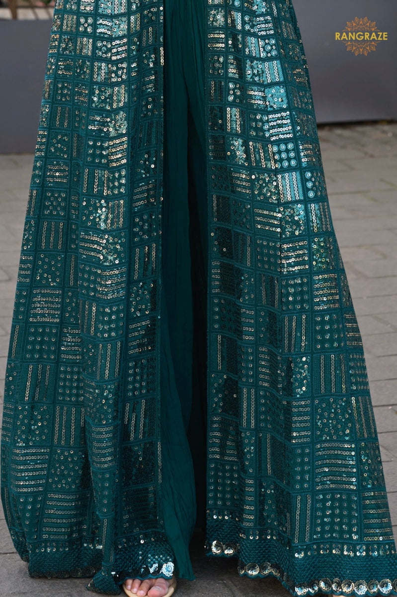 Teal Green Sequined Georgette Palazzo Suit Set