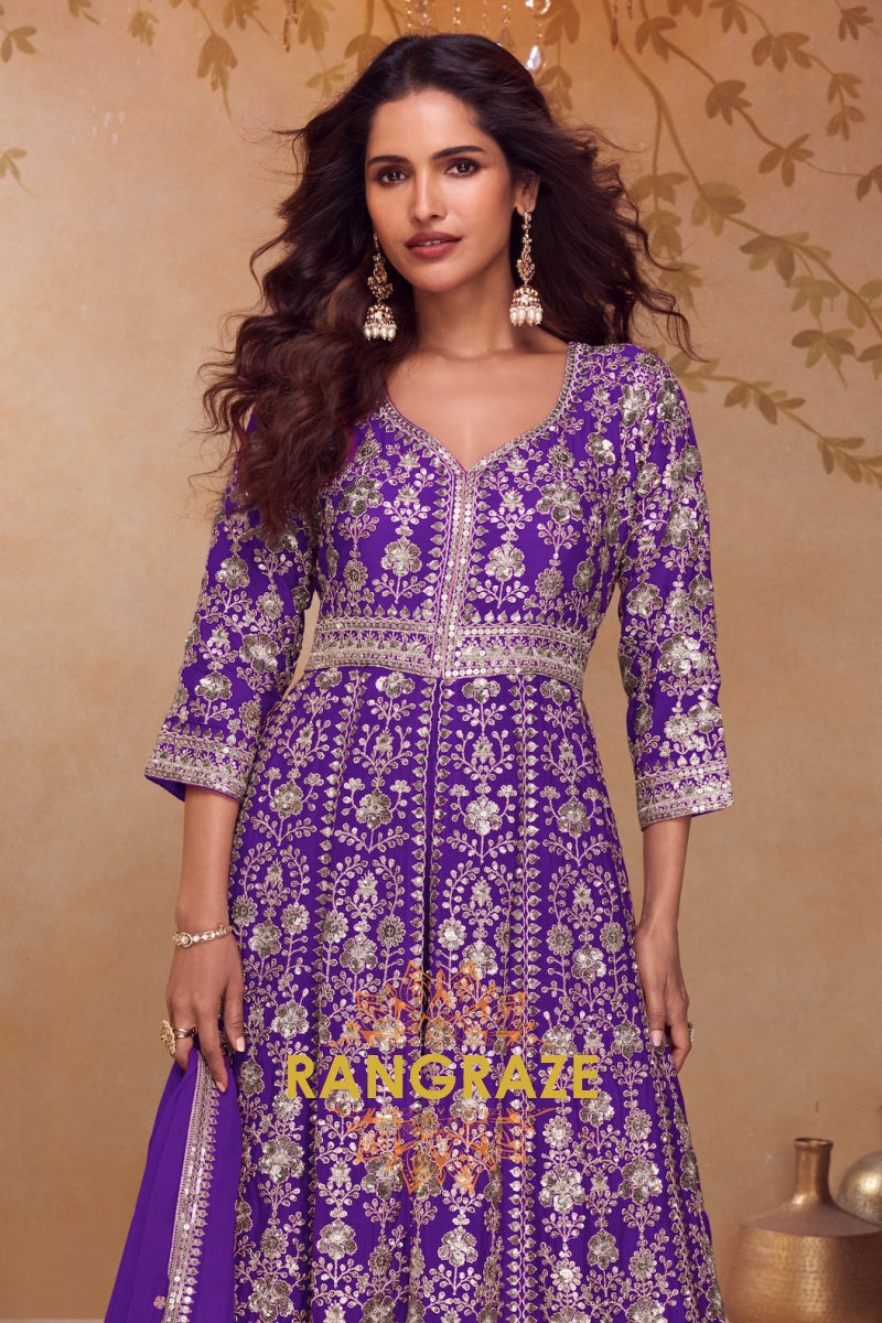 Royal Purple Premium Chinon Embroidered Designer Suit Set