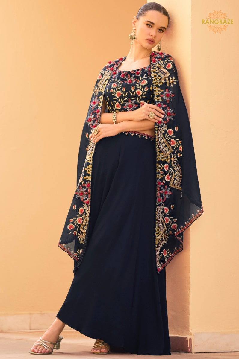 Navy Blue Floral Embroidered Shrug with Blouse and Palazzo Suit Set