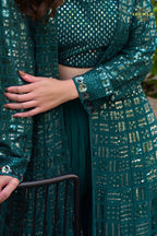 Teal Green Sequined Georgette Palazzo Suit Set