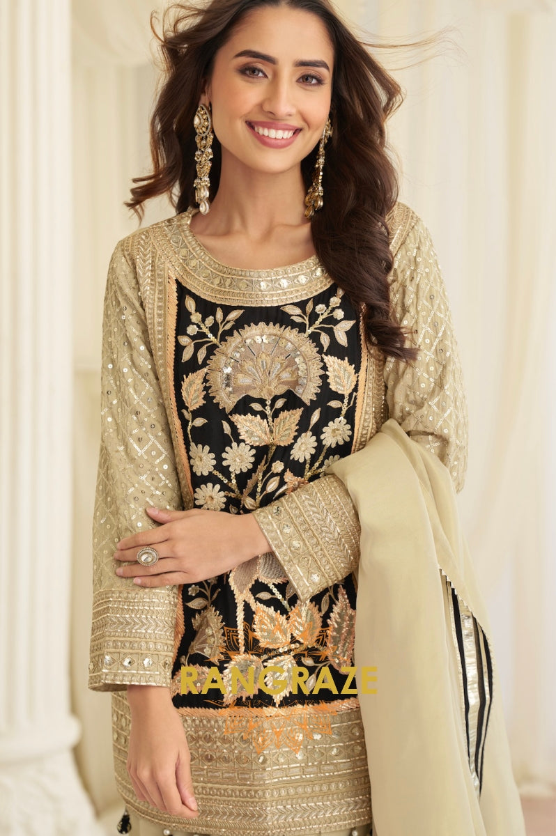 Beige & Black Natural Crepe Silk Embroidered Suit Set