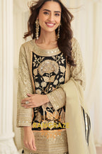 Beige & Black Natural Crepe Silk Embroidered Suit Set