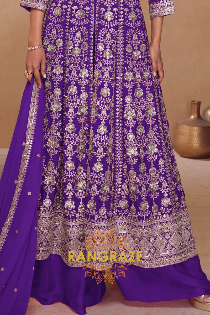 Royal Purple Premium Chinon Embroidered Designer Suit Set