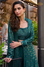 Teal Green Sequined Georgette Palazzo Suit Set