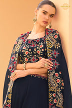 Navy Blue Floral Embroidered Shrug with Blouse and Palazzo Suit Set