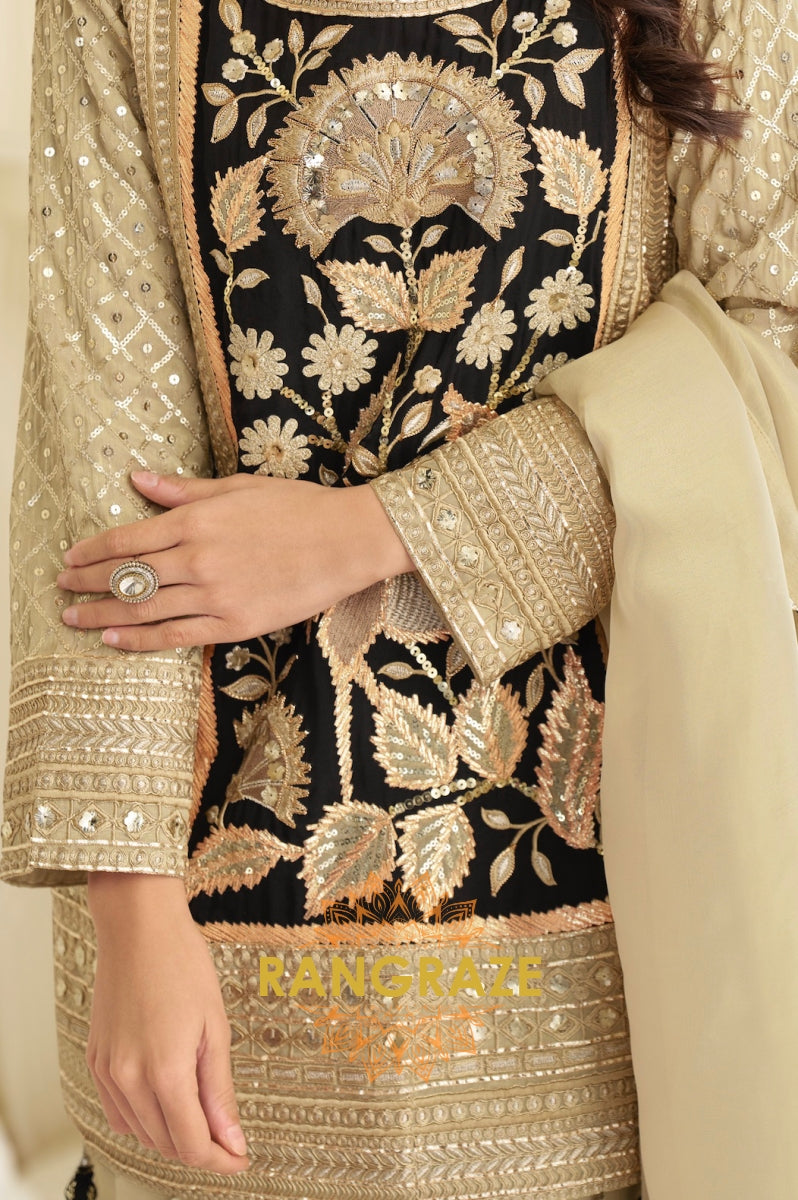 Beige & Black Natural Crepe Silk Embroidered Suit Set