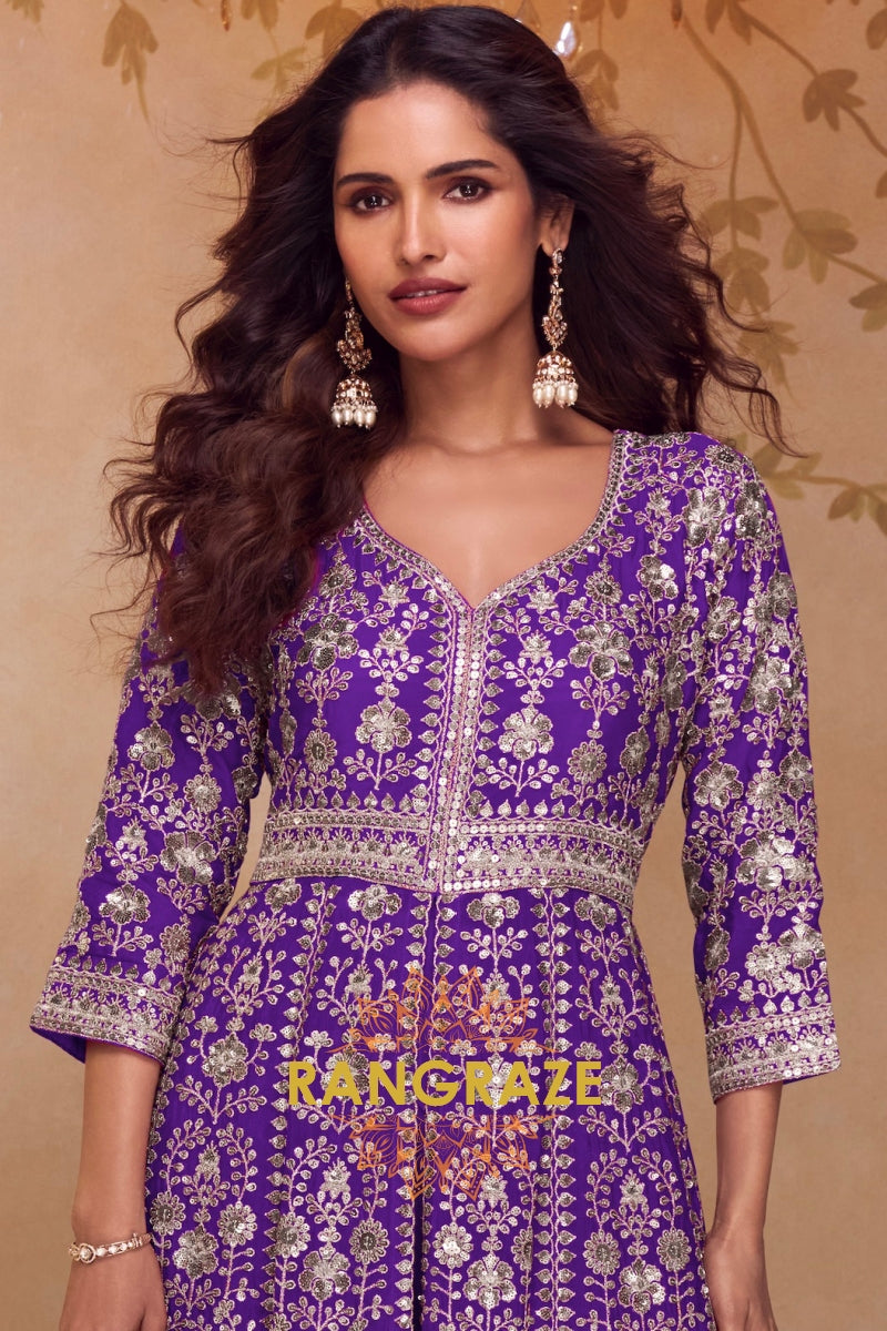 Royal Purple Premium Chinon Embroidered Designer Suit Set