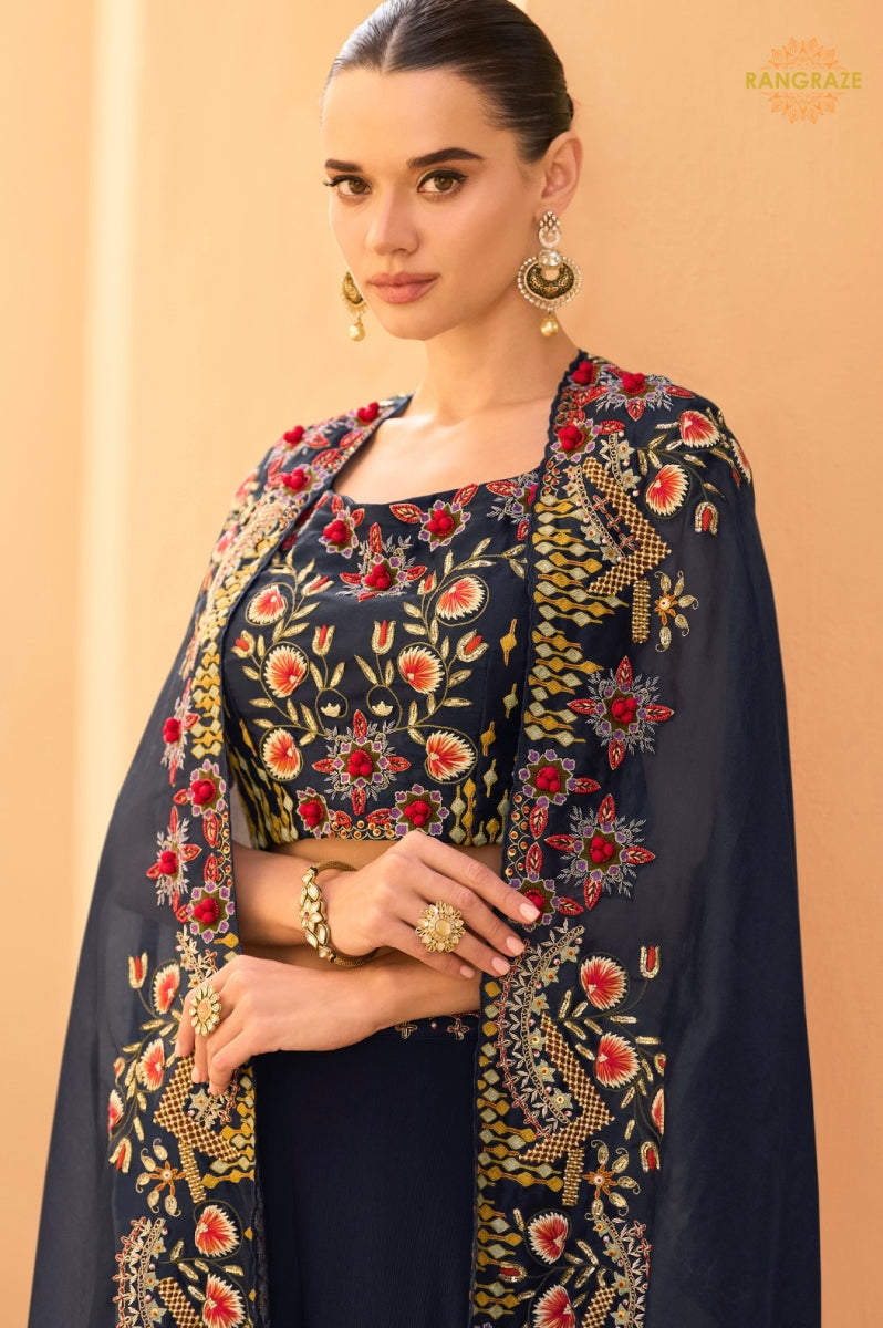 Navy Blue Floral Embroidered Shrug with Blouse and Palazzo Suit Set