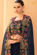 Navy Blue Floral Embroidered Shrug with Blouse and Palazzo Suit Set