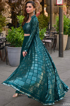Teal Green Sequined Georgette Palazzo Suit Set
