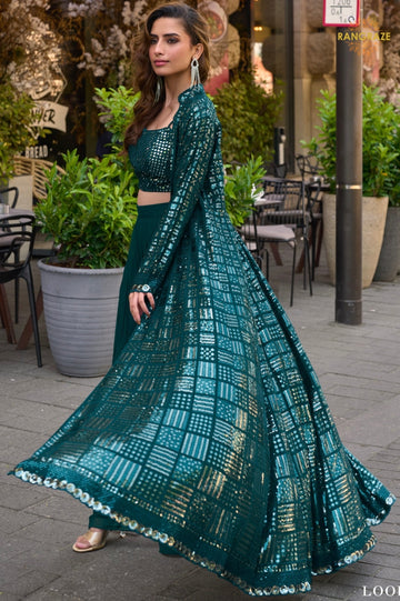 Teal Green Sequined Georgette Palazzo Suit Set