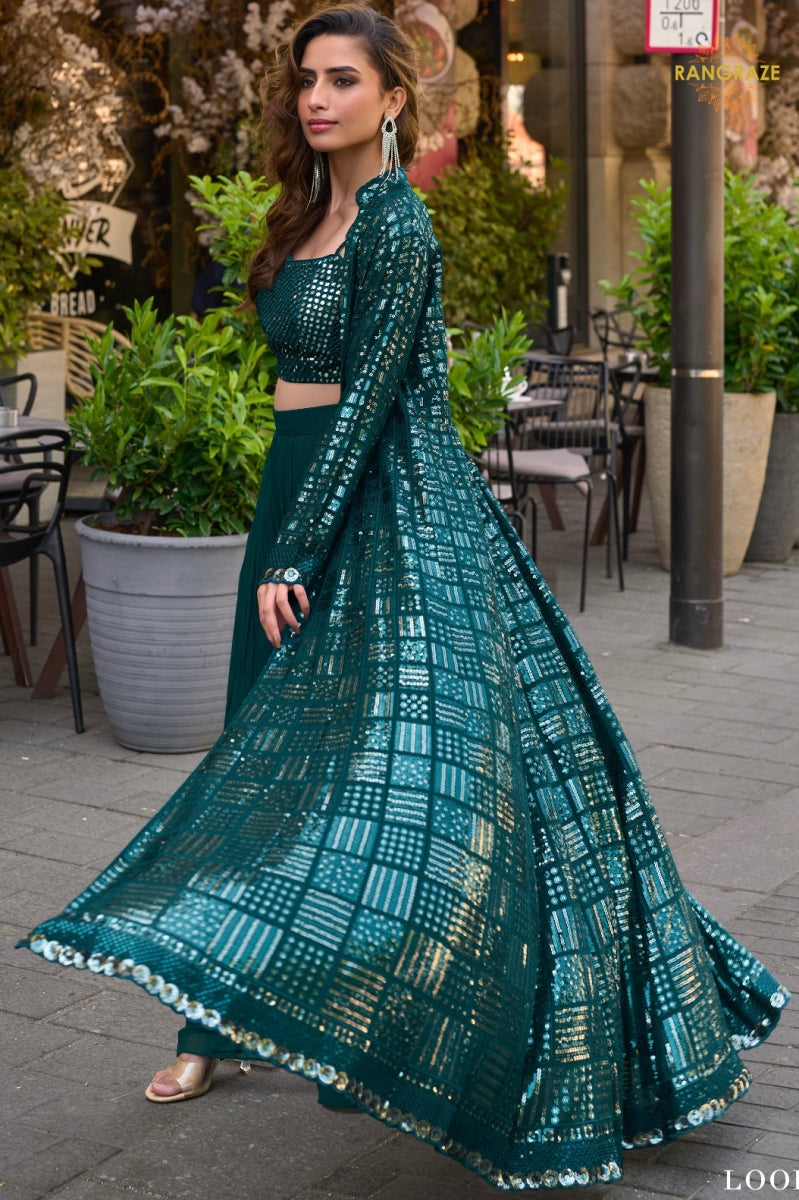 Teal Green Sequined Georgette Palazzo Suit Set