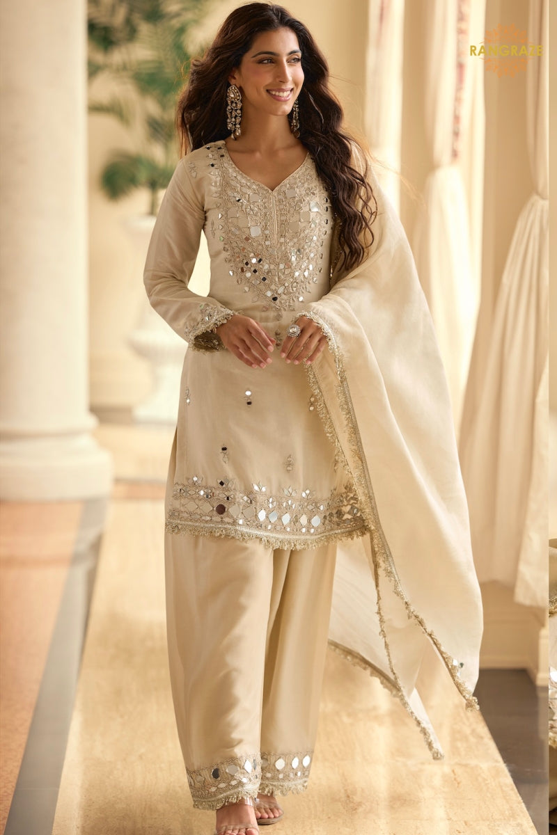 Ivory Mirror Silk Palazzo Suit Set