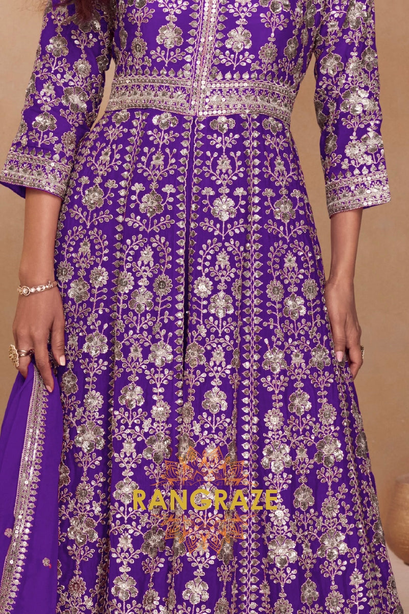 Royal Purple Premium Chinon Embroidered Designer Suit Set