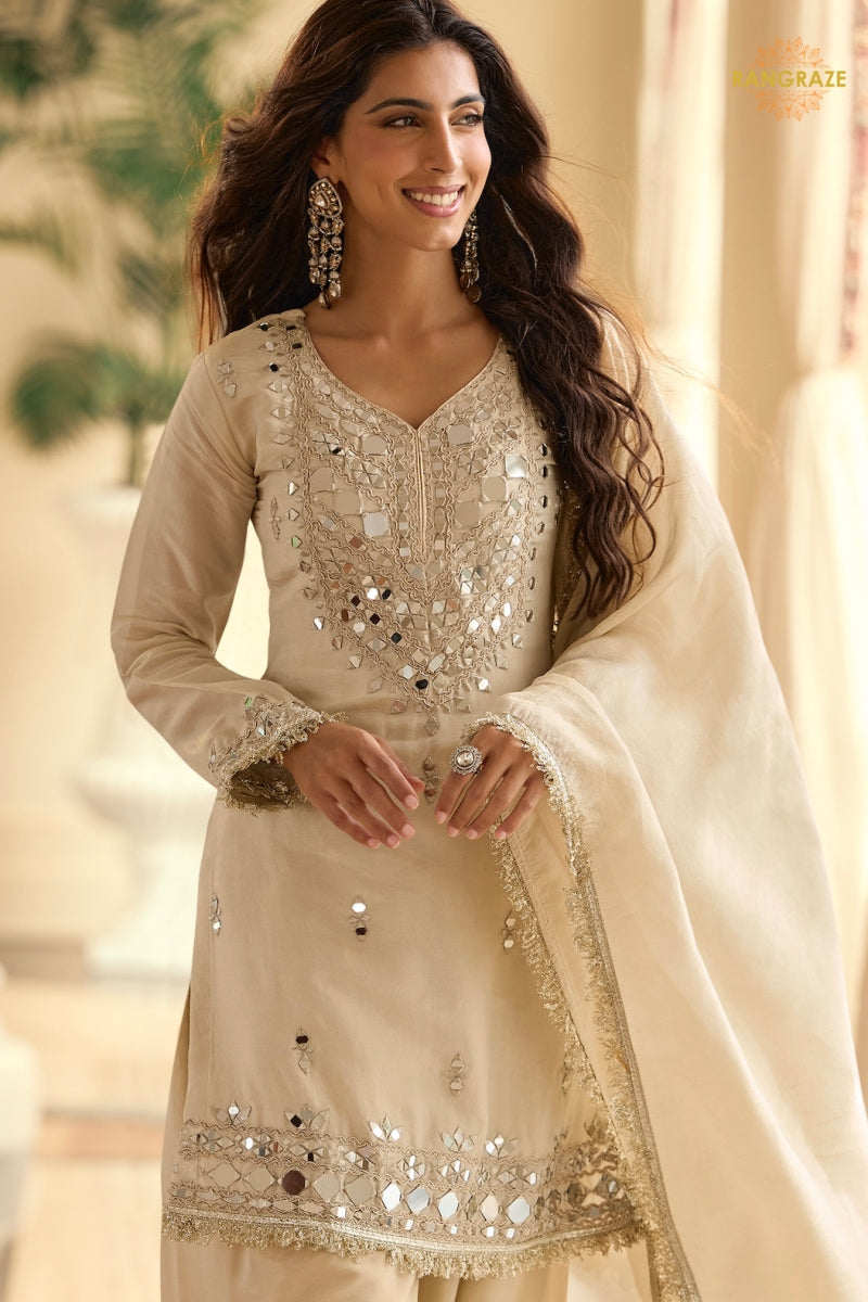 Ivory Mirror Silk Palazzo Suit Set