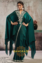 Emerald Two Tone Satin One Minute Saree with Embellished Poncho & Belt