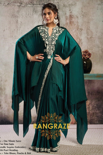 Emerald Two Tone Satin One Minute Saree with Embellished Poncho & Belt