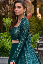 Teal Green Sequined Georgette Palazzo Suit Set