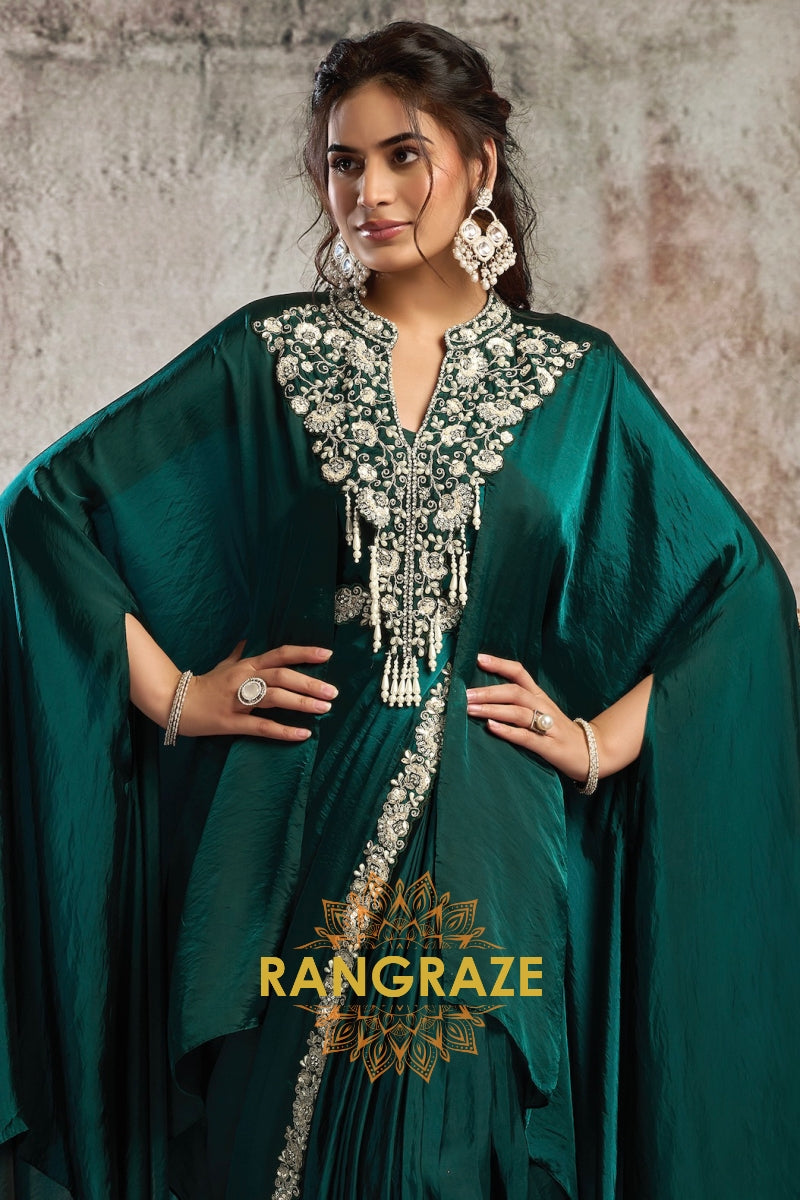 Emerald Two Tone Satin One Minute Saree with Embellished Poncho & Belt