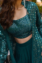 Teal Green Sequined Georgette Palazzo Suit Set