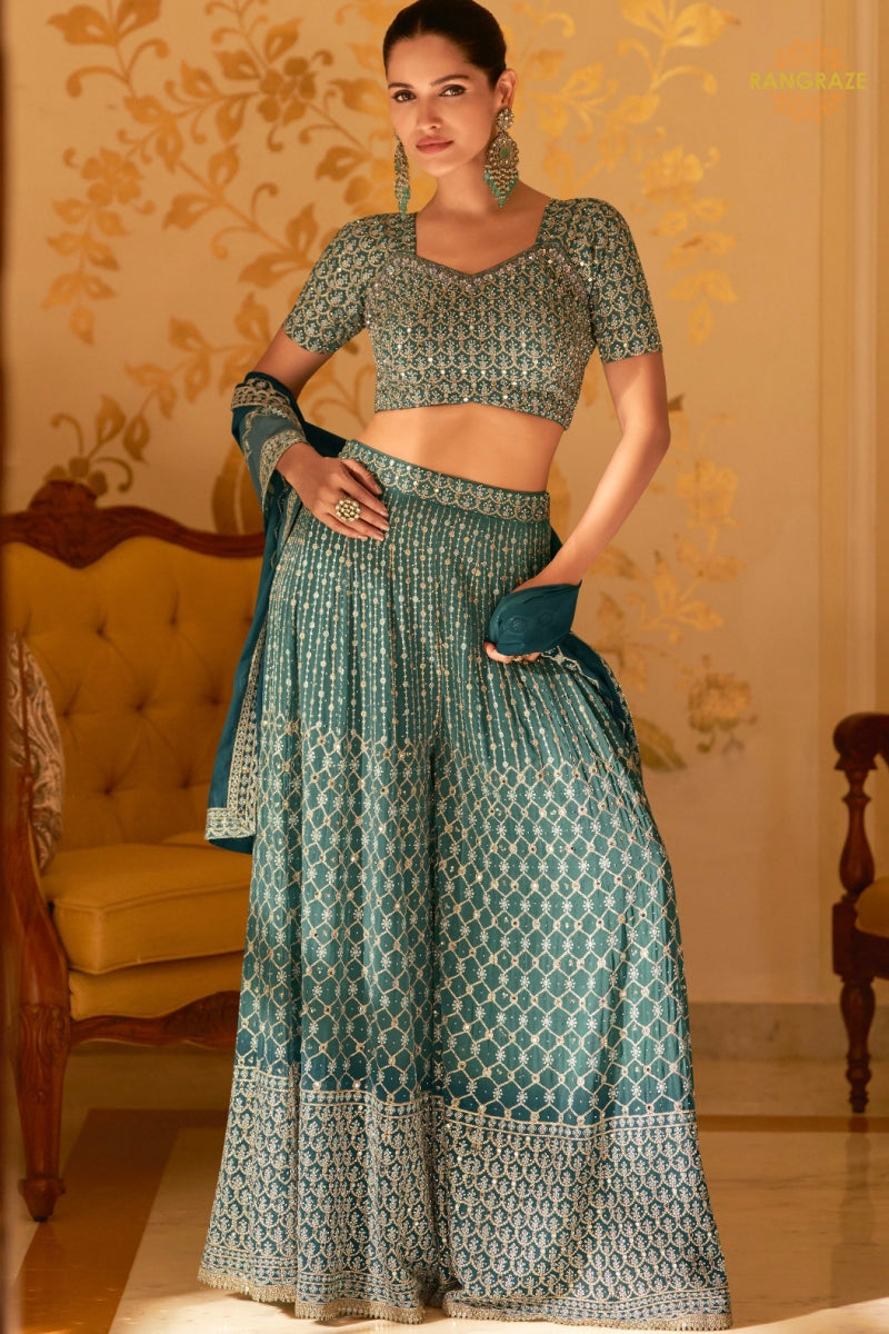 Teal Readymade Georgette Palazzo Suit Set with Dupatta