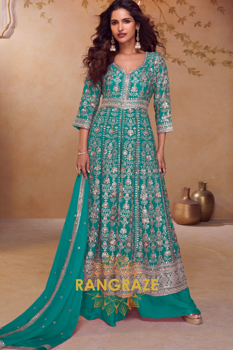 Emerald Teal Premium Chinon Embroidered Designer Suit Set