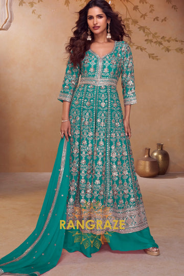 Emerald Teal Premium Chinon Embroidered Designer Suit Set