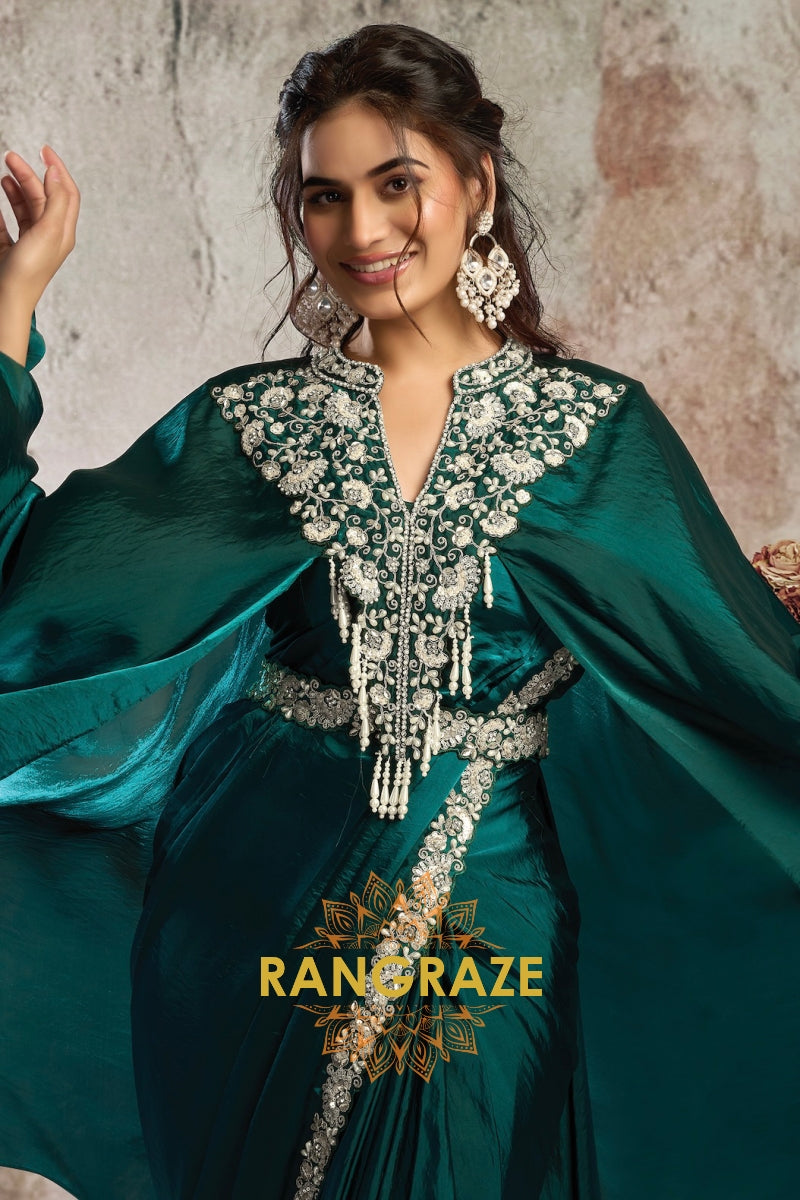 Emerald Two Tone Satin One Minute Saree with Embellished Poncho & Belt