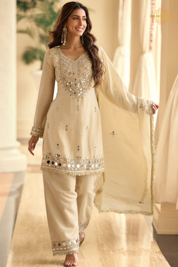 Ivory Mirror Silk Palazzo Suit Set