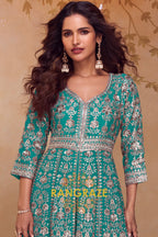 Emerald Teal Premium Chinon Embroidered Designer Suit Set
