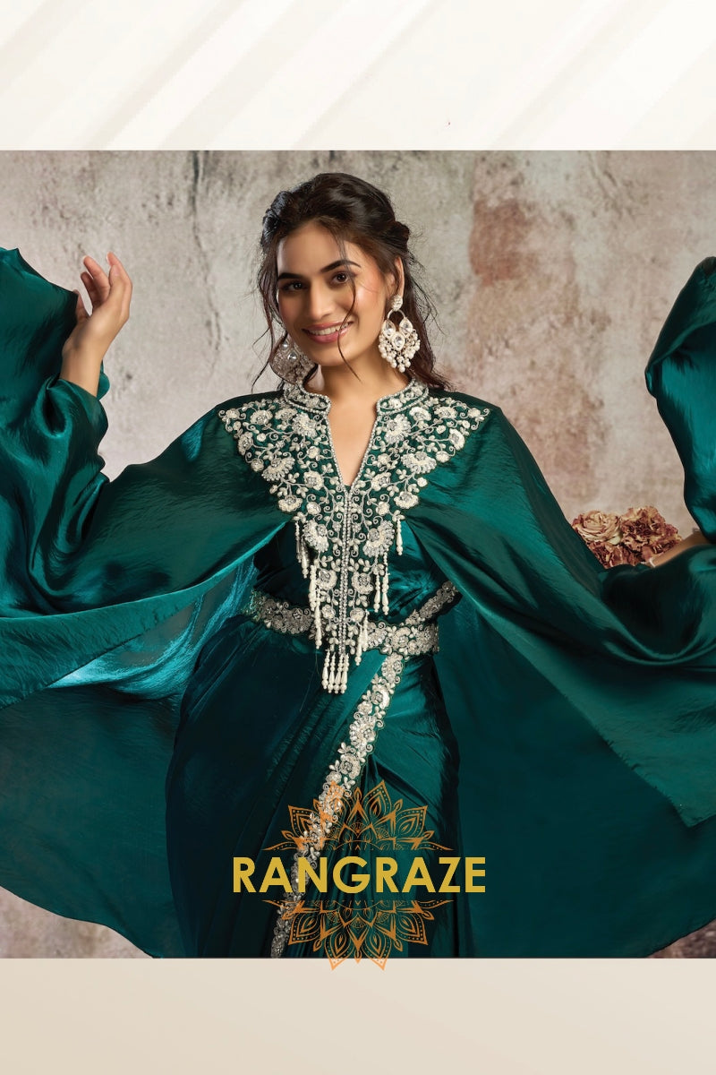 Emerald Two Tone Satin One Minute Saree with Embellished Poncho & Belt
