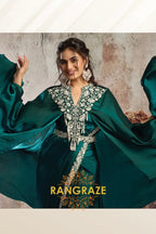 Emerald Two Tone Satin One Minute Saree with Embellished Poncho & Belt