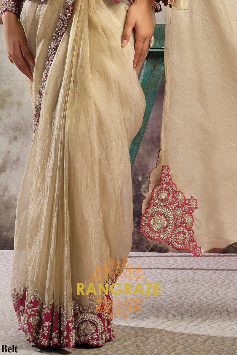Beige Crystal Organza Satin One Minute Saree with Readymade Embroidered Jacket, Blouse & Belt