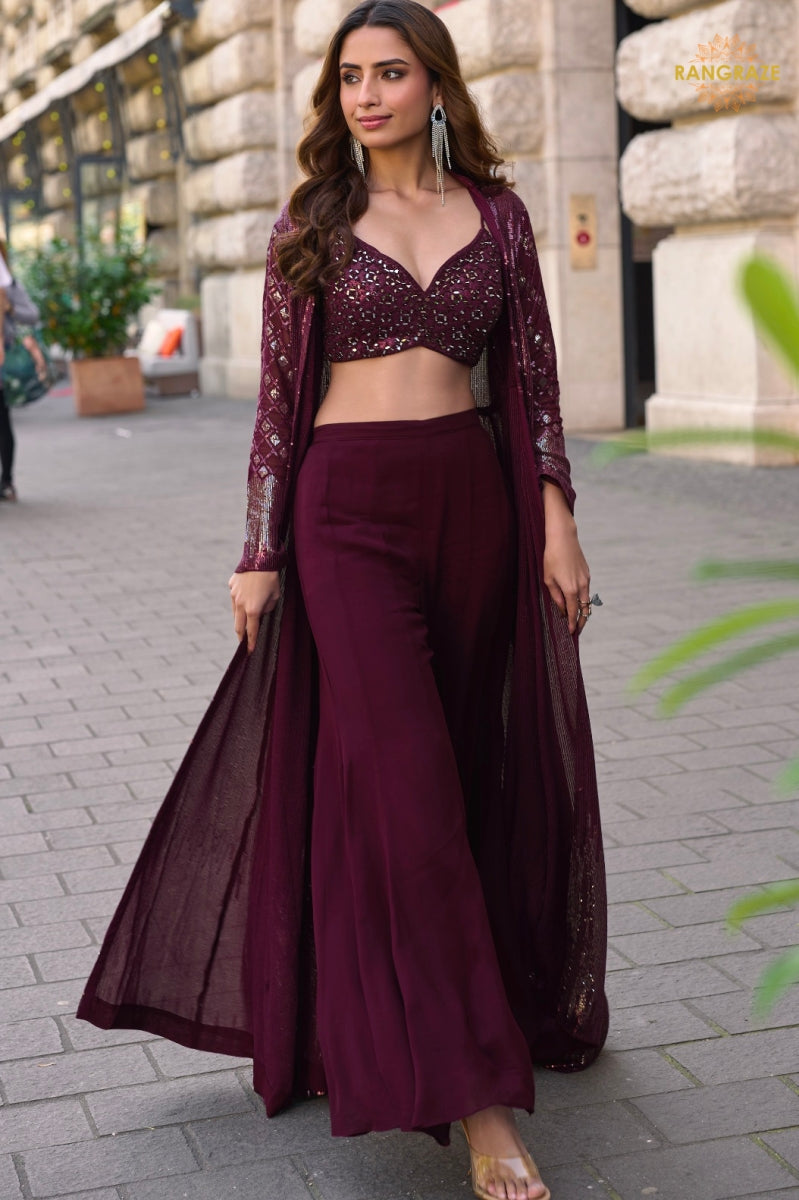 Noir Wine Sequined Georgette Palazzo Set