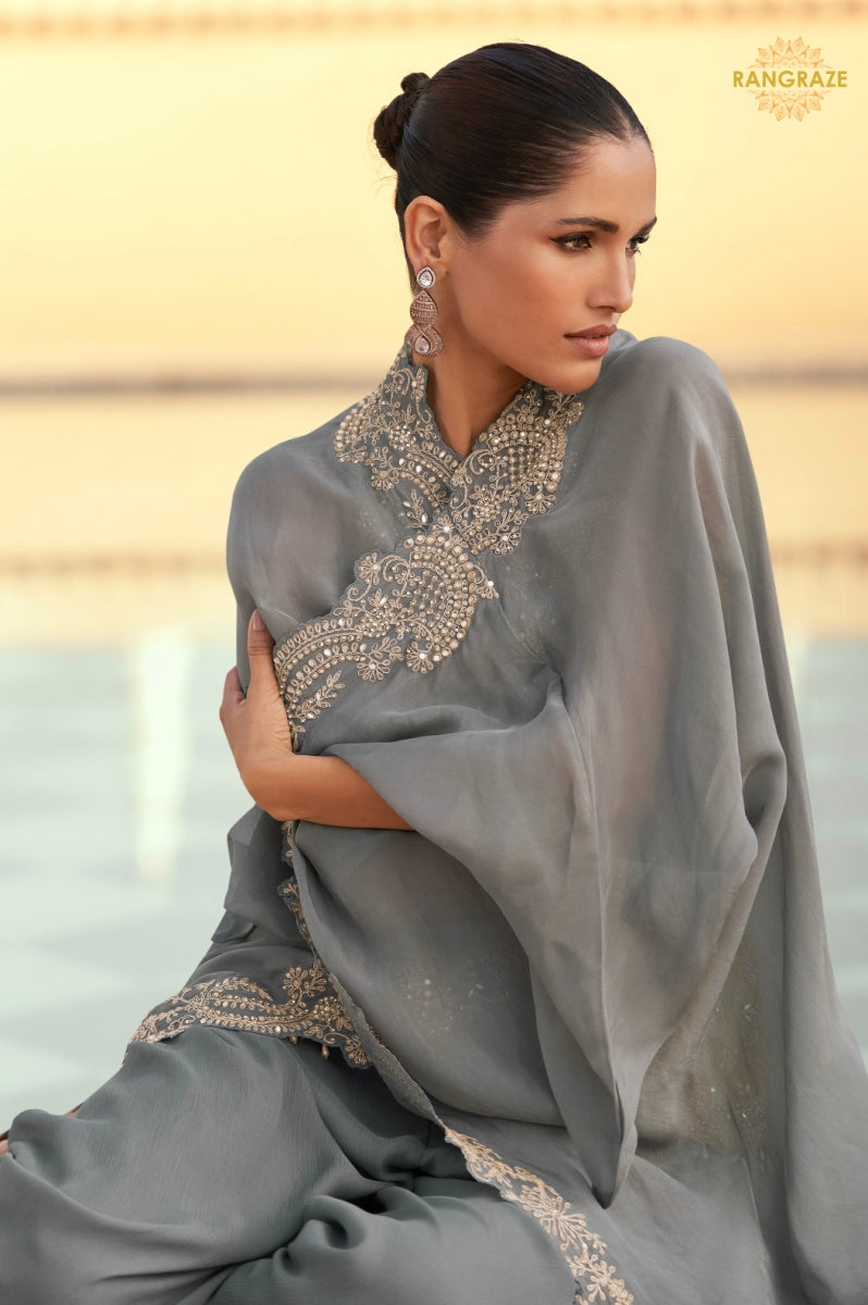 Mist Grey Chinnon Silk Jacket Suit Set