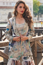 Grey Blue Abstract Floral Jacket Chinon Sharara Choli Suit Set