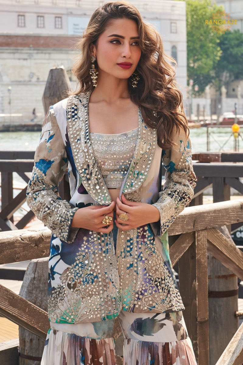 Grey Blue Abstract Floral Jacket Chinon Sharara Choli Suit Set
