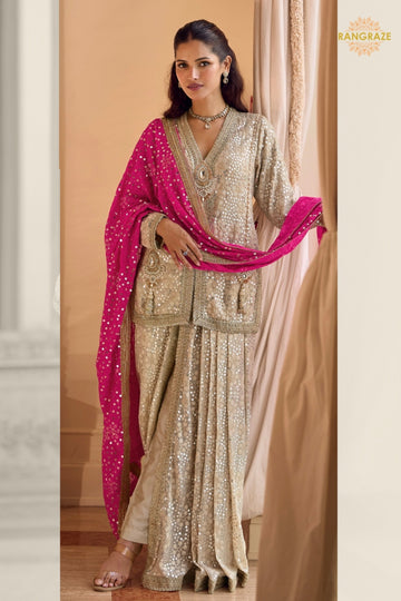 Ivory Gold Sequined Georgette Dhoti Pant Set with Magenta Dupatta