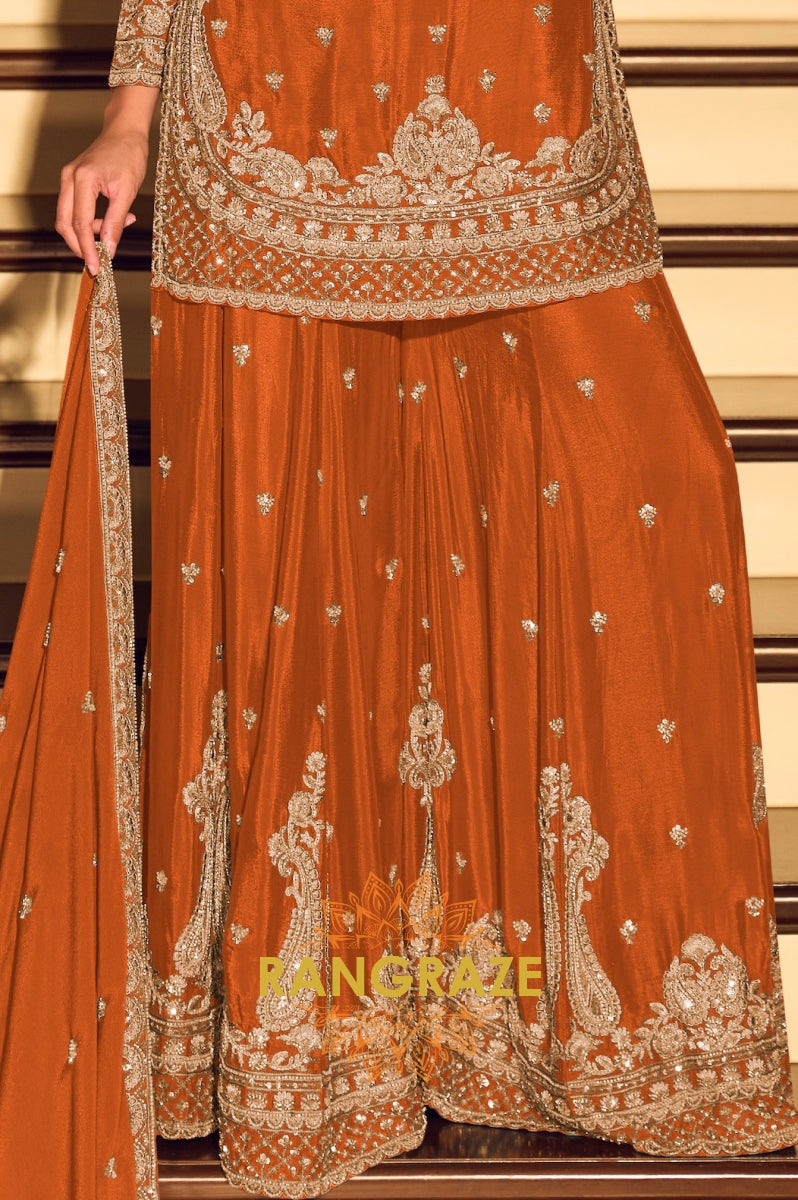 Festive Orange Premium Chinnon Silk Suit Set