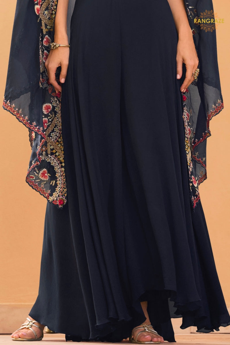 Navy Blue Floral Embroidered Shrug with Blouse and Palazzo Suit Set