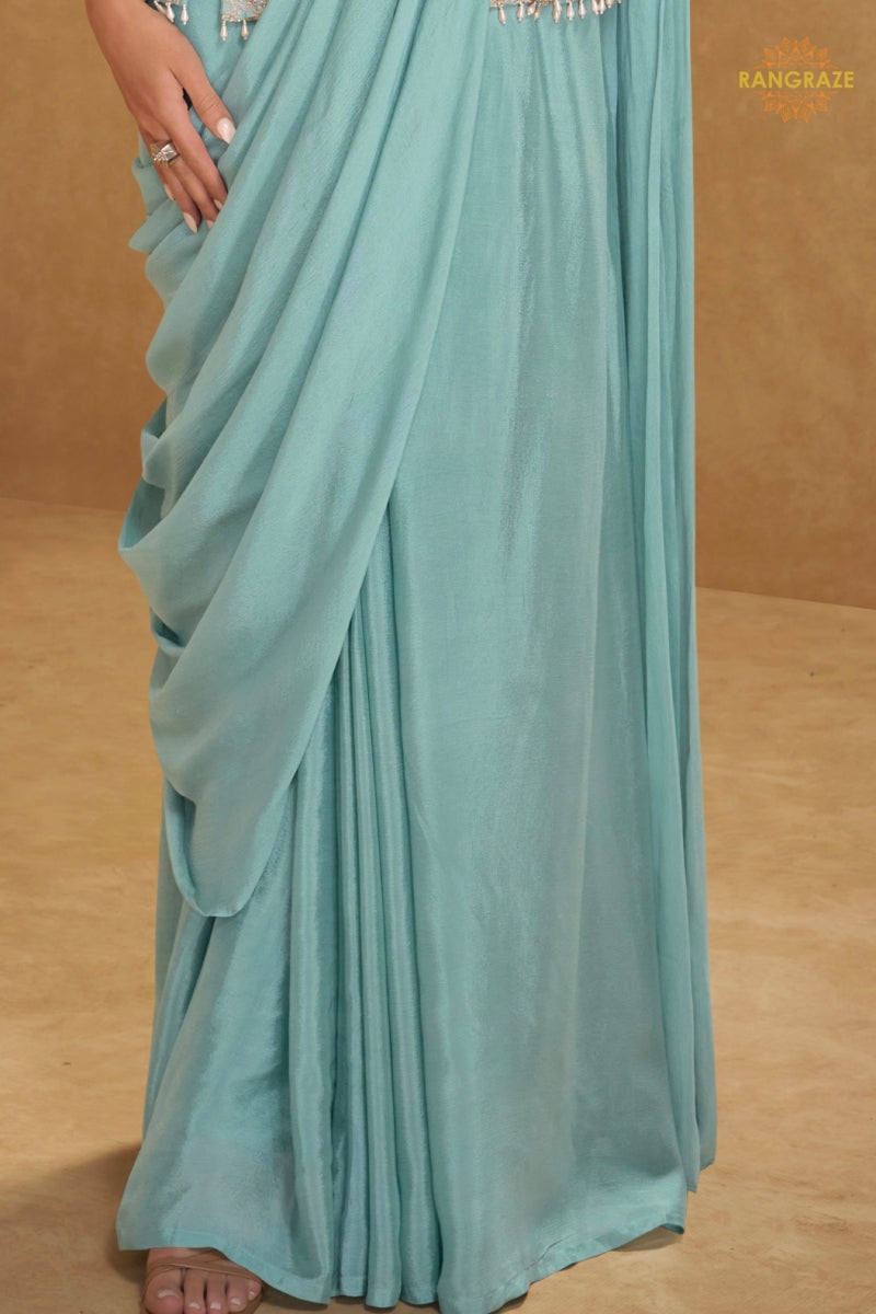 Mint Aura Pure Georgette Saree Style Suit Set with Hand Embroidery