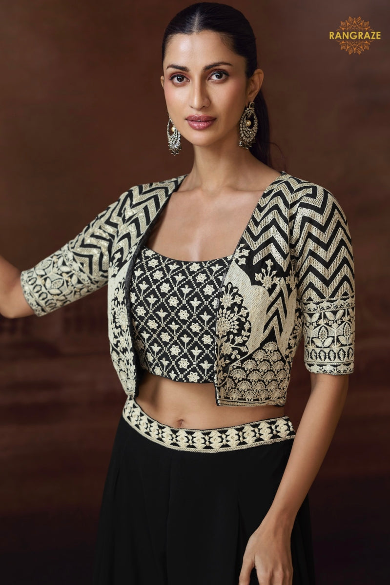 Noir Ivory Embroidered Palazzo Jacket Suit Set