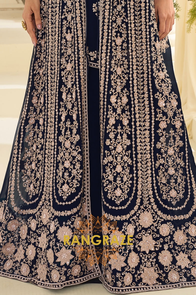 Navy Blue Premium Chinon Embroidered Anarkali Set